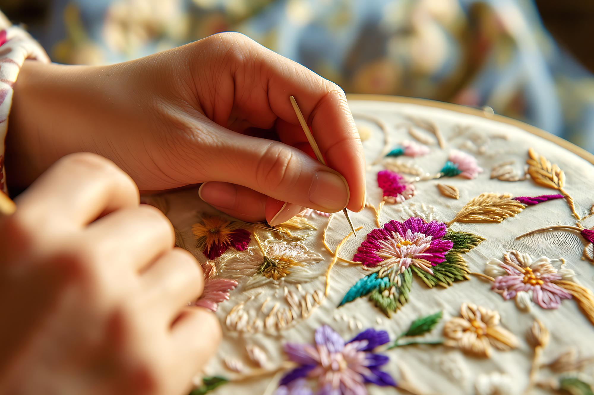 El nakışı yakın plan — beyaz keten üzerinde çiçek motifleri